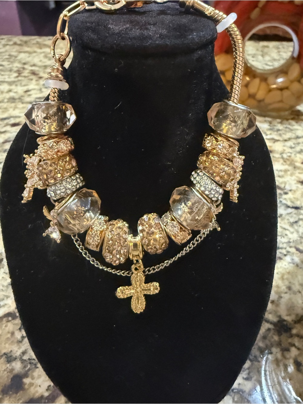 Gold Tone Beaded Charm Bracelet with Cross Pendant - Women's Jewelry